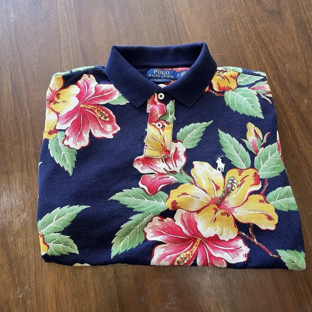 Polo Ralph Lauren Polo Mens M Navy Hibiscus Floral Classic Fit Tropical Mesh